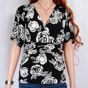 WHBM – Black & White Rose Floral Wrap Blouse Top